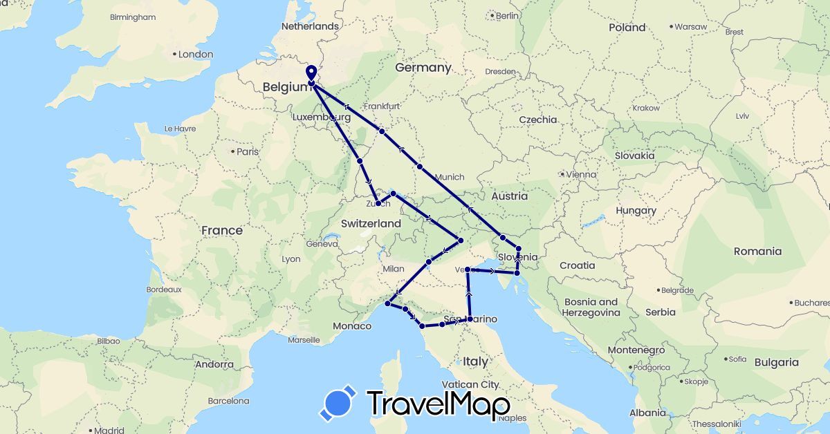 TravelMap itinerary: driving in Belgium, Switzerland, Germany, France, Croatia, Italy, Slovenia, San Marino (Europe)